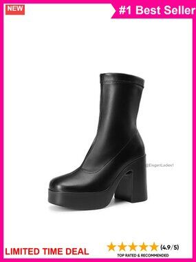Women's Gogo Ankle Boots Platform Square Toe Side Zip PU Booties